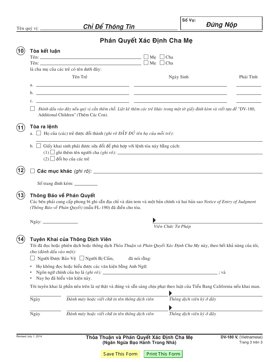 Form DV-180 V Agreement and Judgment of Parentage (Vietnamese) - California (Vietnamese), Page 3
