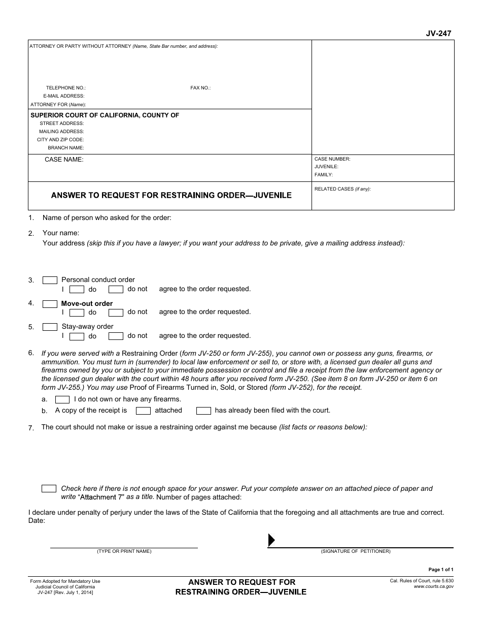 Form JV-247 Answer to Request for Restraining Order - Juvenile - California, Page 1