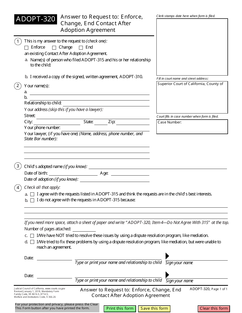 Form ADOPT-320 Answer to Request to Enforce, Change, End Contact After Adoption Agreement - California, Page 1