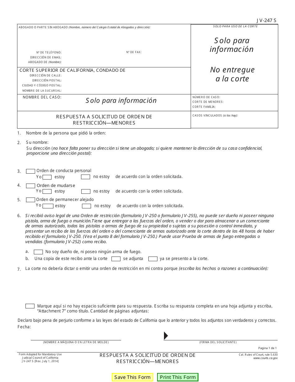 Formulario JV-247 S Respuesta a Solicitud De Orden De Restriccion - Menores - California (Spanish), Page 1