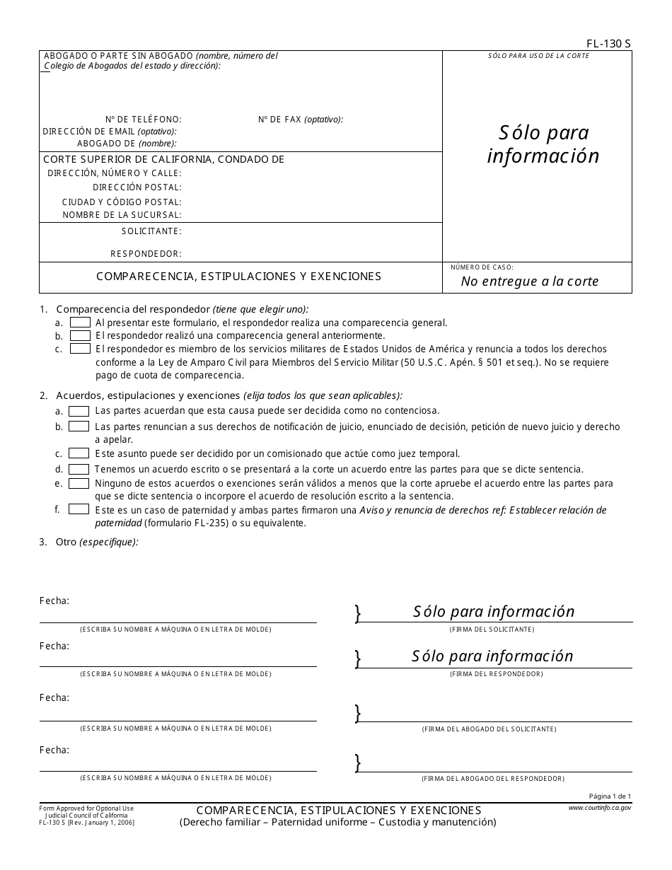 Formulario FL-130 S Comparecencia, Estipulaciones Y Exenciones - California (Spanish), Page 1