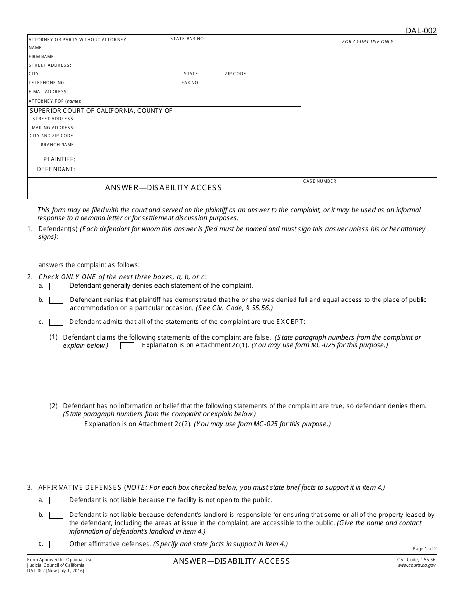 Form DAL-002 Answer - Disability Access - California, Page 1