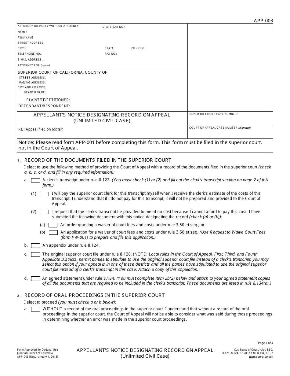 Form APP-003 Appellants Notice Designating Record on Appeal (Unlimited Civil Case) - California, Page 1
