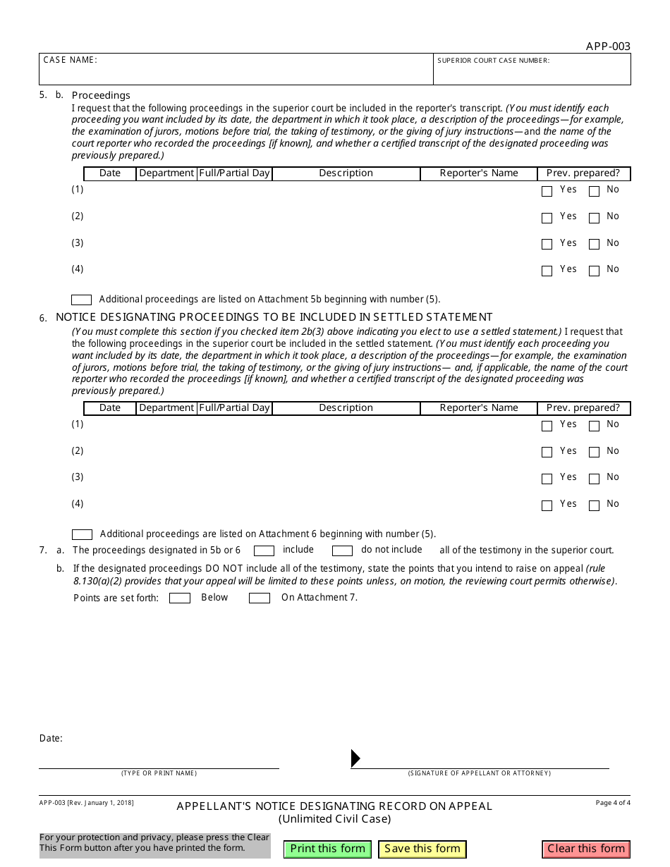 Form APP-003 Appellants Notice Designating Record on Appeal (Unlimited Civil Case) - California, Page 4