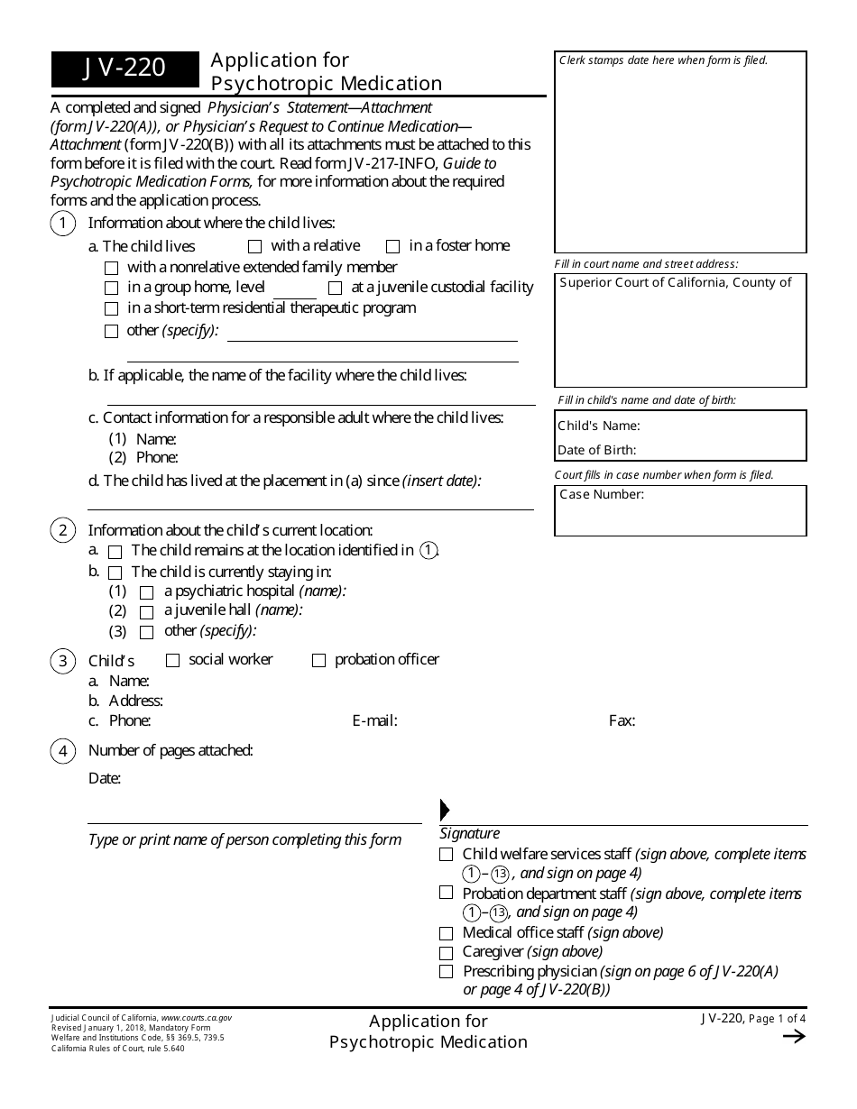 Form JV-220 Application for Psychotropic Medication - California, Page 1