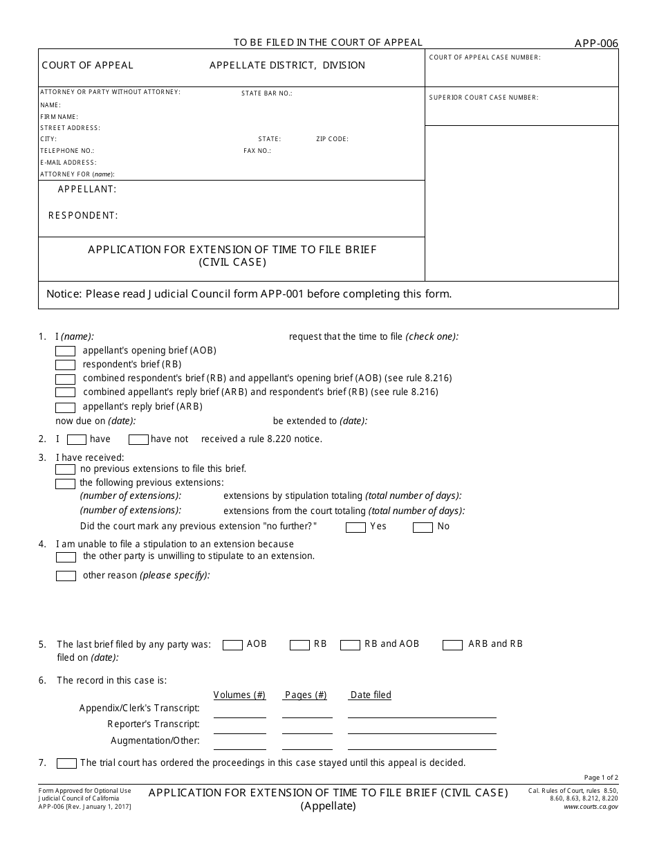 Form APP-006 Application for Extension of Time to File Brief (Civil Case) - California, Page 1