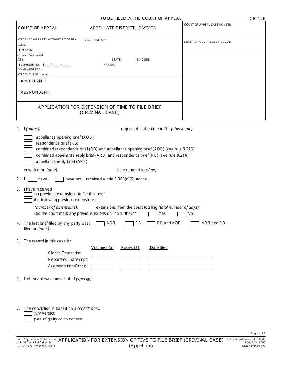 Form CR-126 Application for Extension of Time to File Brief (Criminal Case) - California, Page 1
