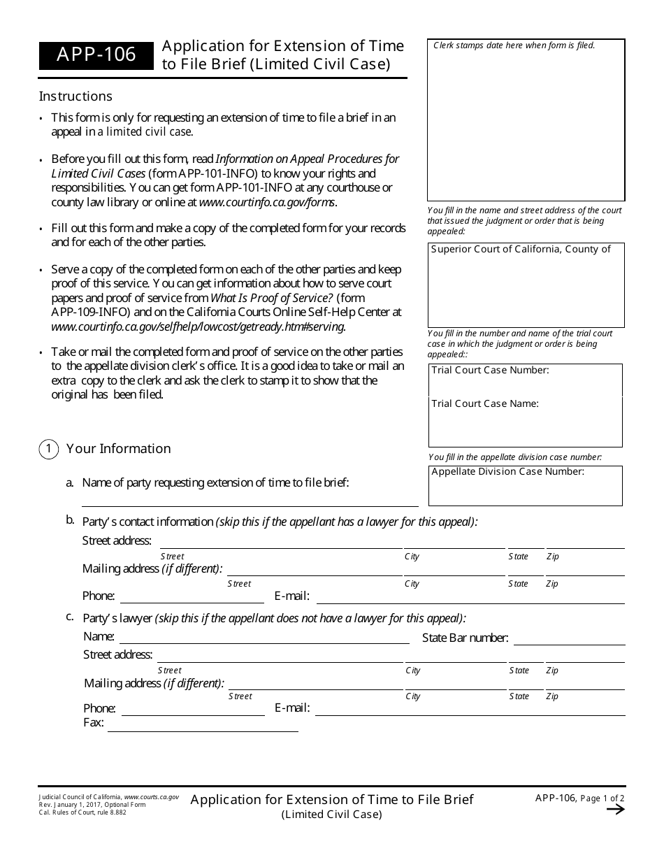 Form APP-106 Application for Extension of Time to File Brief (Limited Civil Case) - California, Page 1