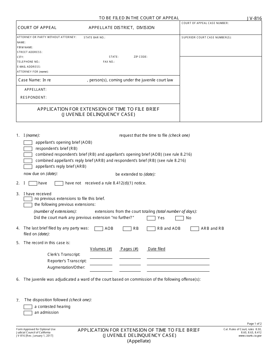 Form JV-816 Application for Extension of Time to File Brief (Juvenile Delinquency Case) - California, Page 1