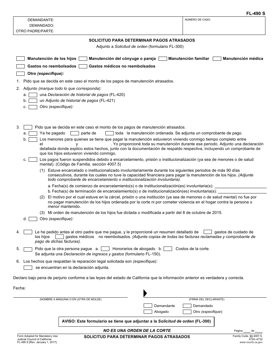 Formulario FL-490 S Solicitud Para Determinar Pagos Atrasados - California (Spanish), Page 1