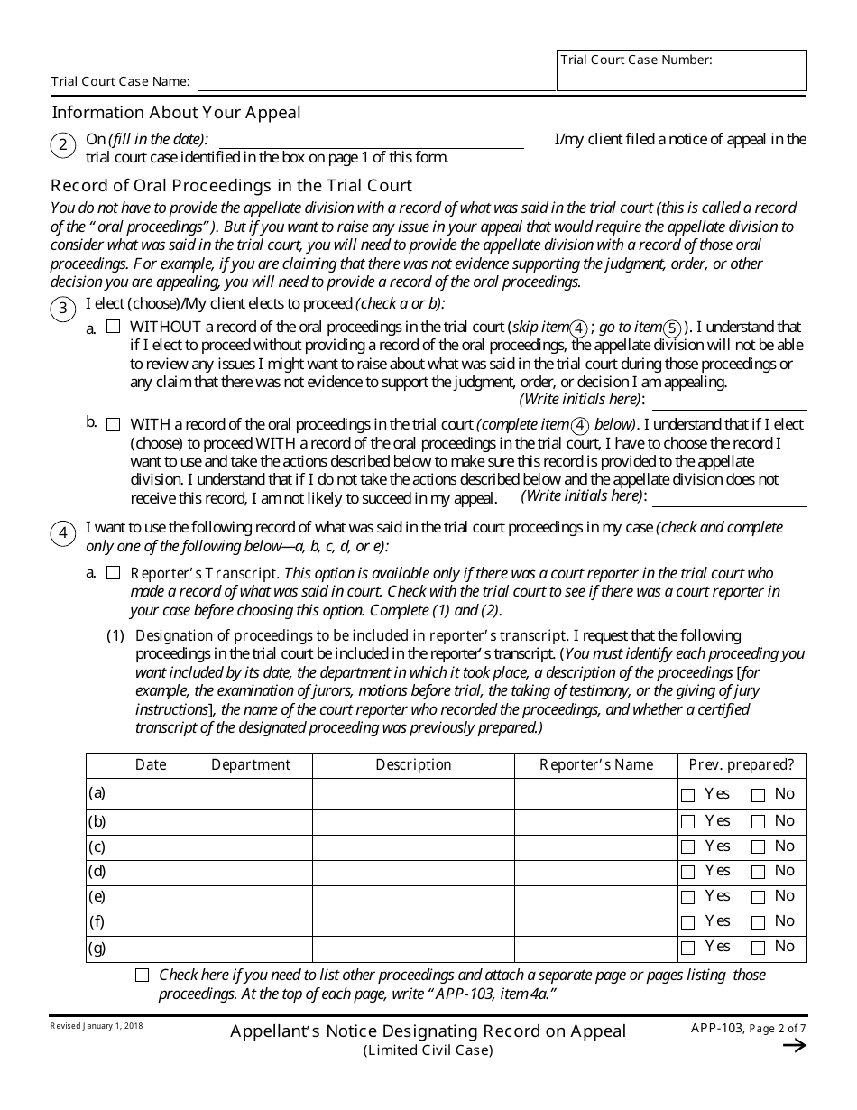 Form APP-103 Appellants Notice Designating Record on Appeal (Limited Civil Case) - California, Page 2