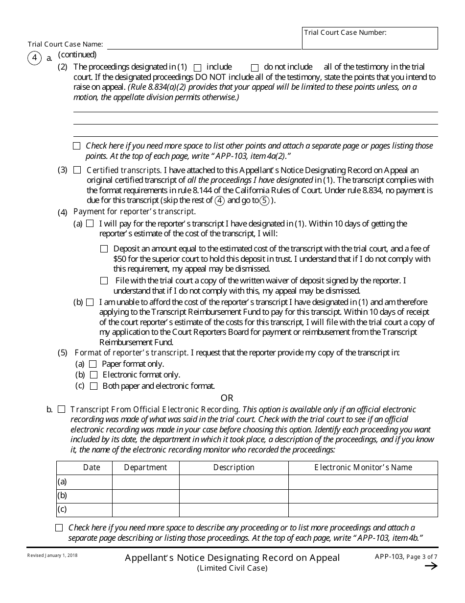 Form APP-103 Appellants Notice Designating Record on Appeal (Limited Civil Case) - California, Page 3