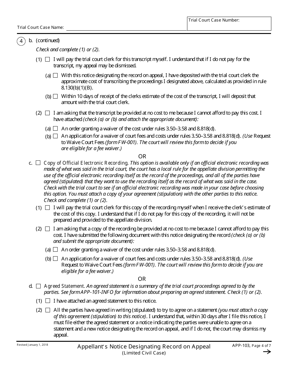 Form APP-103 Appellants Notice Designating Record on Appeal (Limited Civil Case) - California, Page 4