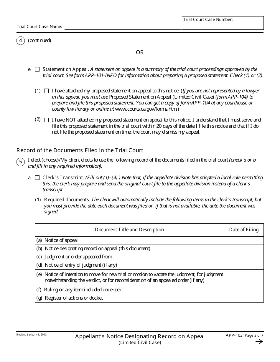 Form APP-103 Appellants Notice Designating Record on Appeal (Limited Civil Case) - California, Page 5