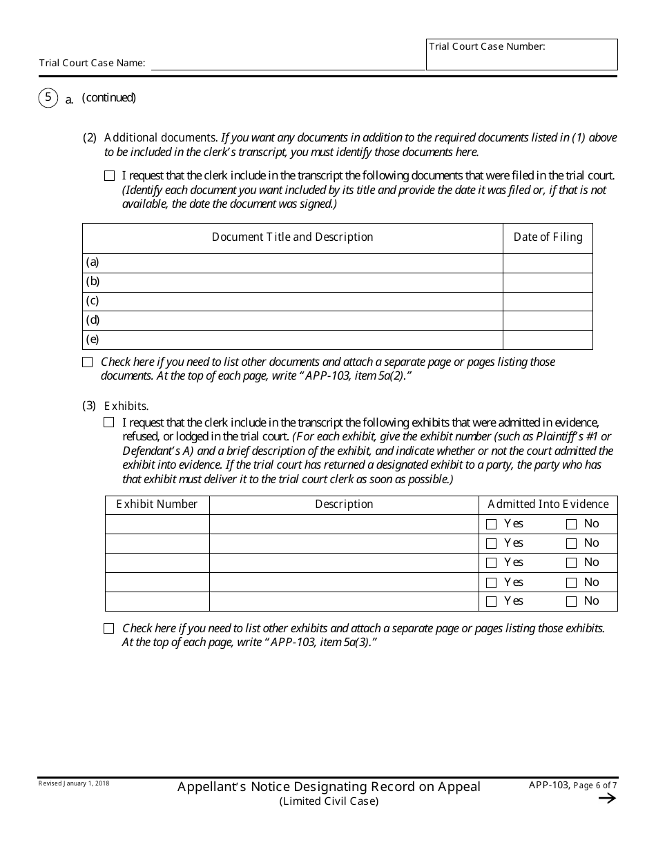 Form APP-103 Appellants Notice Designating Record on Appeal (Limited Civil Case) - California, Page 6