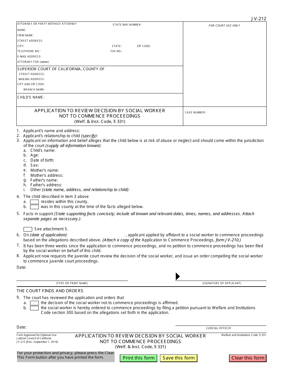 Form JV-212 Application to Review Decision by Social Worker Not to Commence Proceedings - California, Page 1
