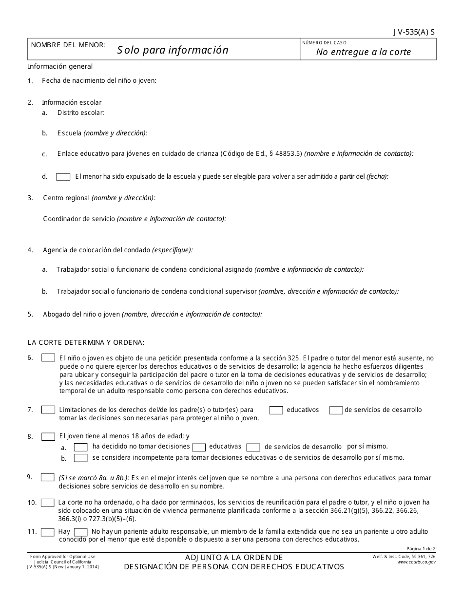 Formulario JV-535(A) S Adjunto a La Orden De Designacion De Personacon Derechos Educativos - California (Spanish), Page 1