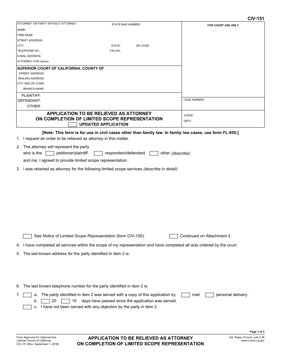 Form CIV-151 Application to Be Relieved as Attorney on Completion of Limited Scope Representation - California, Page 1