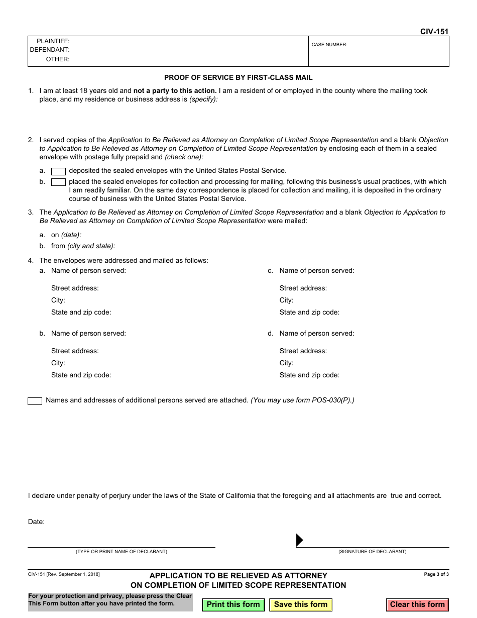 Form CIV-151 Application to Be Relieved as Attorney on Completion of Limited Scope Representation - California, Page 3