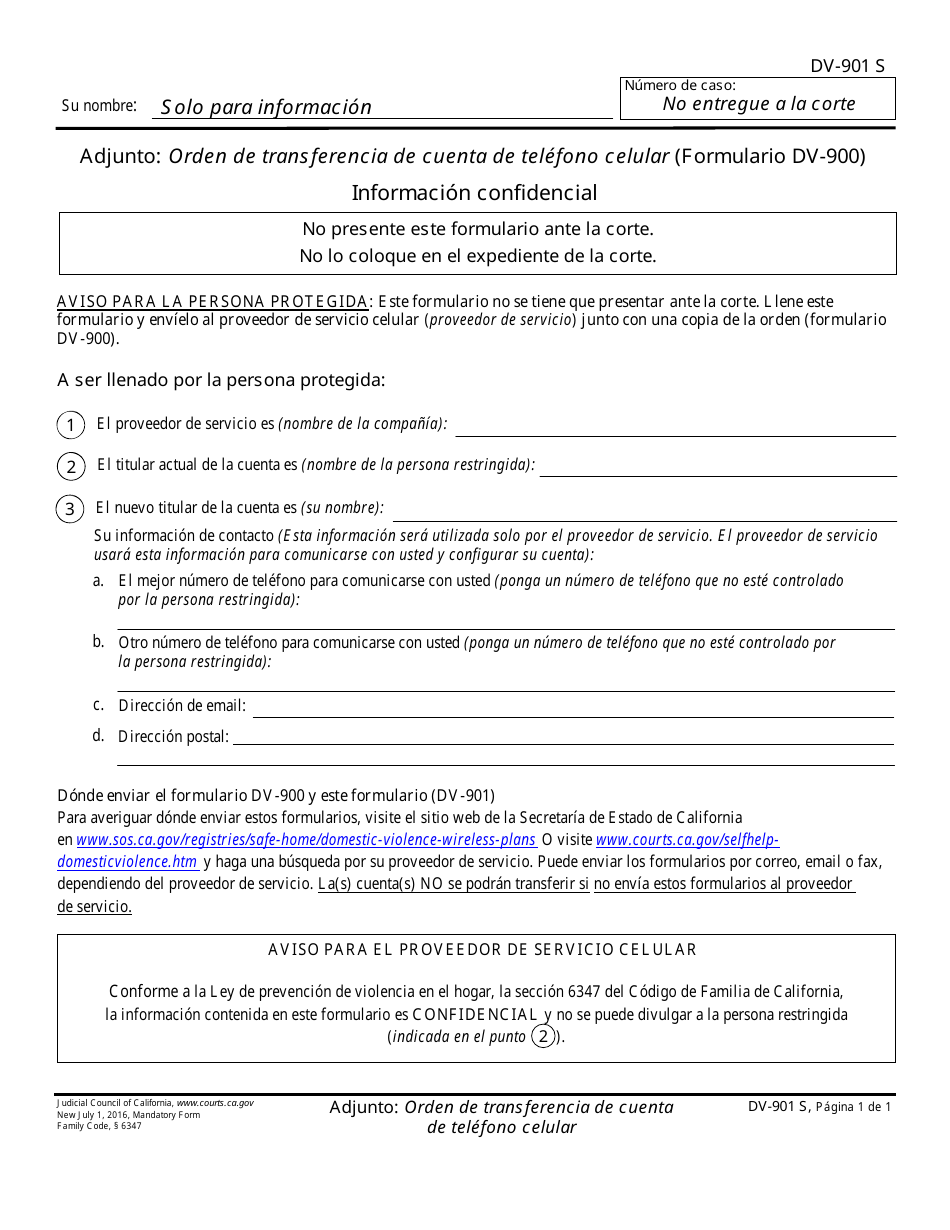 Formulario DV-901 S Adjunto: Orden De Transferencia De Cuenta De Telefono Celular (Formulario Dv-900) - California (Spanish), Page 1