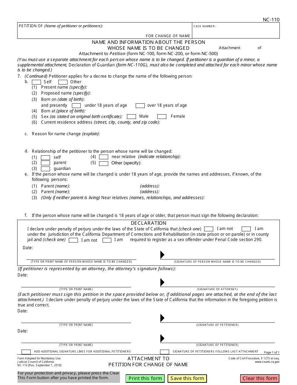Form NC-110 Attachment to Petition for Change of Name - California, Page 1
