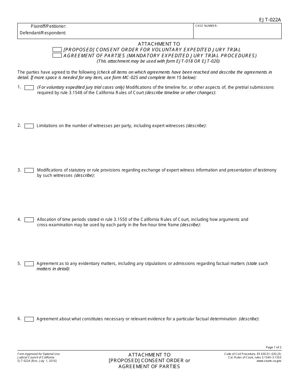 Form EJT-022A Attachment to Proposed Consent Order for Voluntary Expedited Jury Trial / Agreement of Parties (Mandatory Expedited Jury Trial Procedures) - California, Page 1