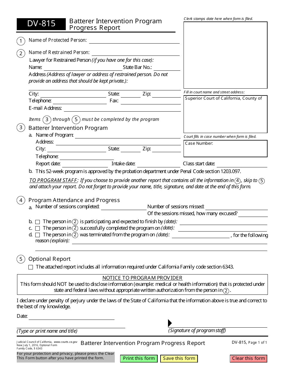 Form DV-815 Batterer Intervention Program Progress Report - California, Page 1
