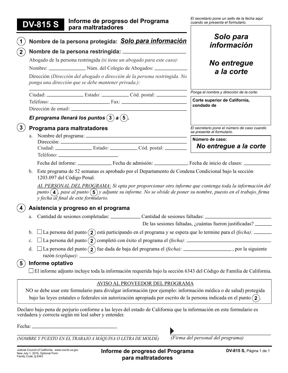 Formulario DV-815 S Informe De Progreso Del Programa Para Maltratadores - California (Spanish), Page 1