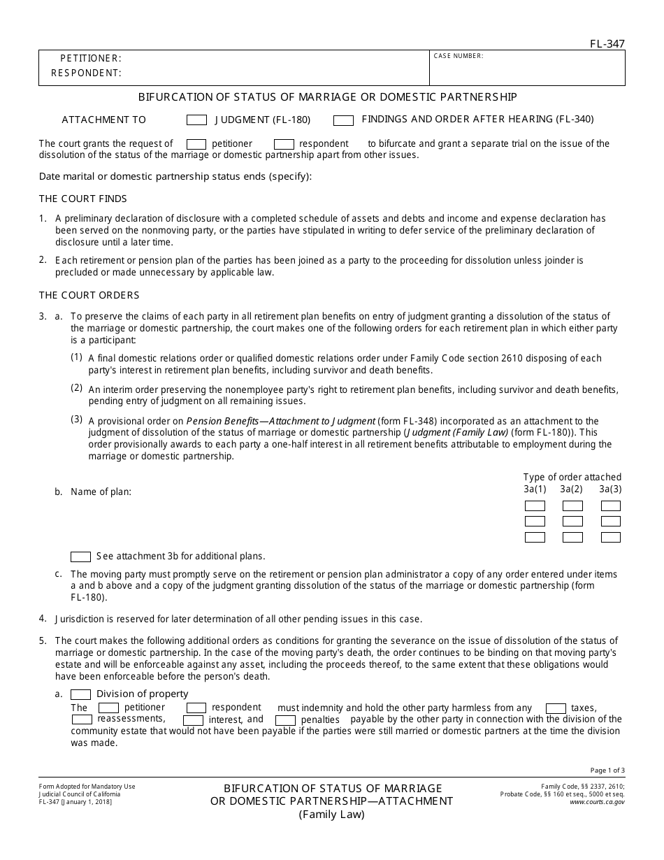 Form FL-347 Bifurcation of Status of Marriage or Domestic Partnership - Attachment - California, Page 1