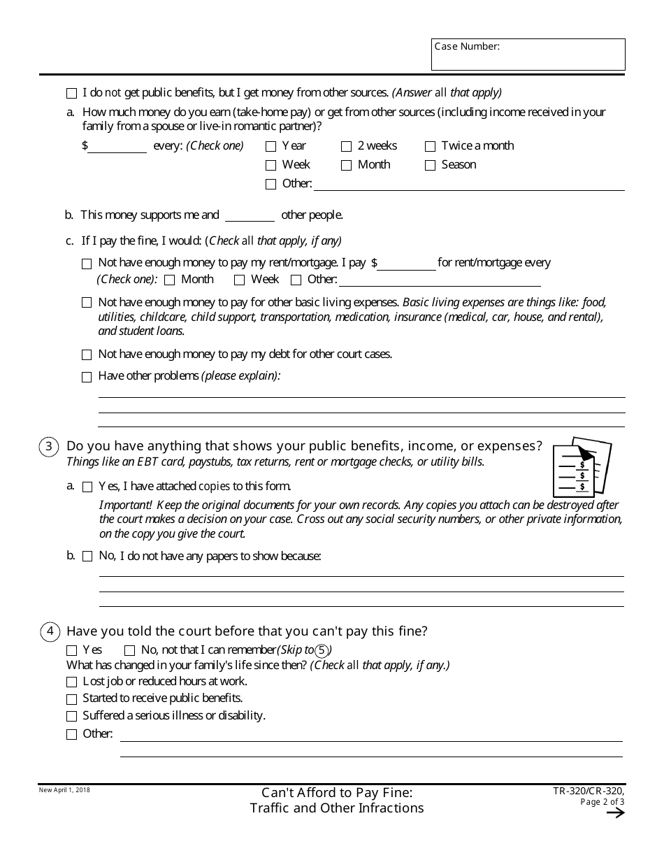 Form TR-320 (CR-320) Cant Afford to Pay Fine: Traffic and Other Infractions - California, Page 2