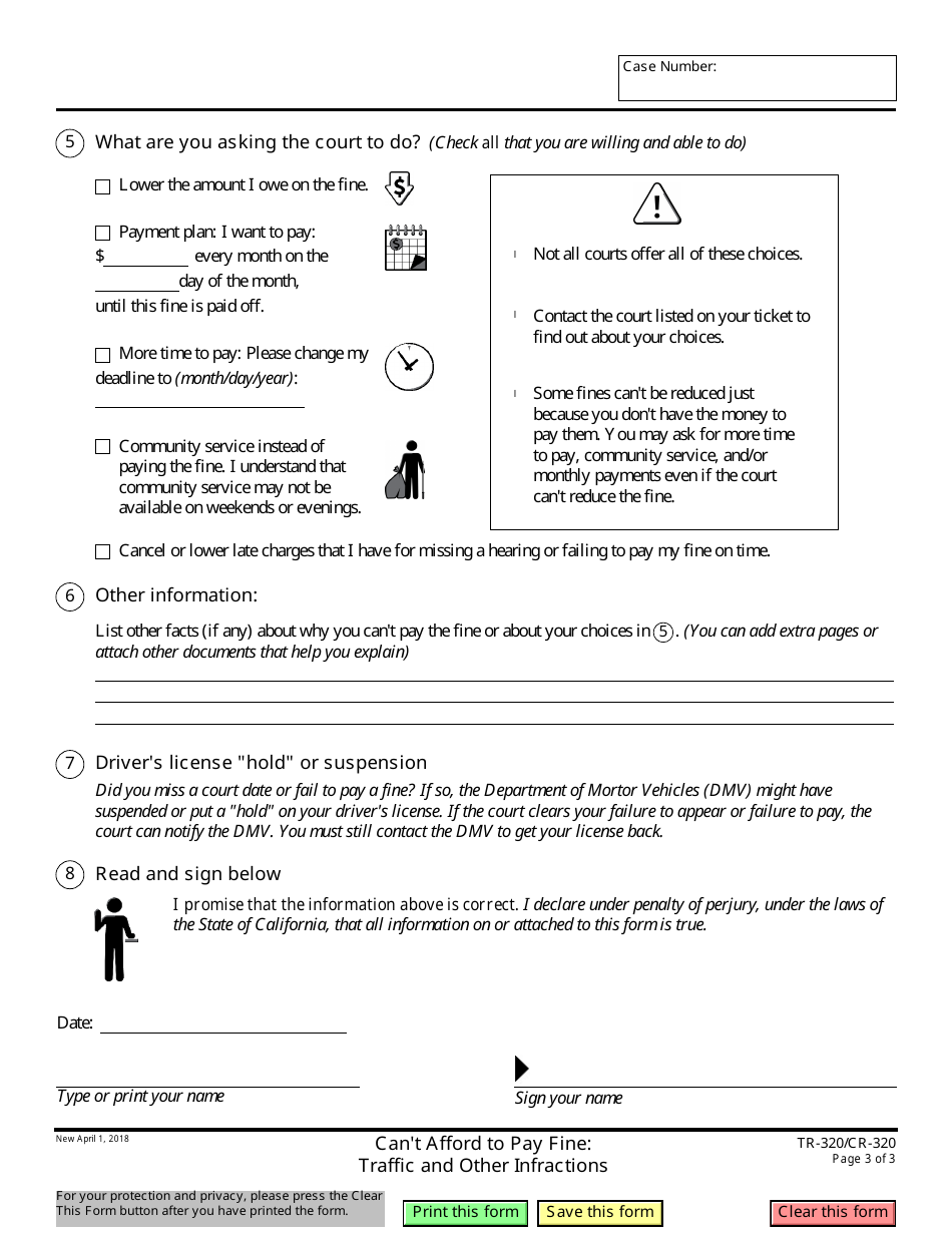 Form TR-320 (CR-320) Cant Afford to Pay Fine: Traffic and Other Infractions - California, Page 3