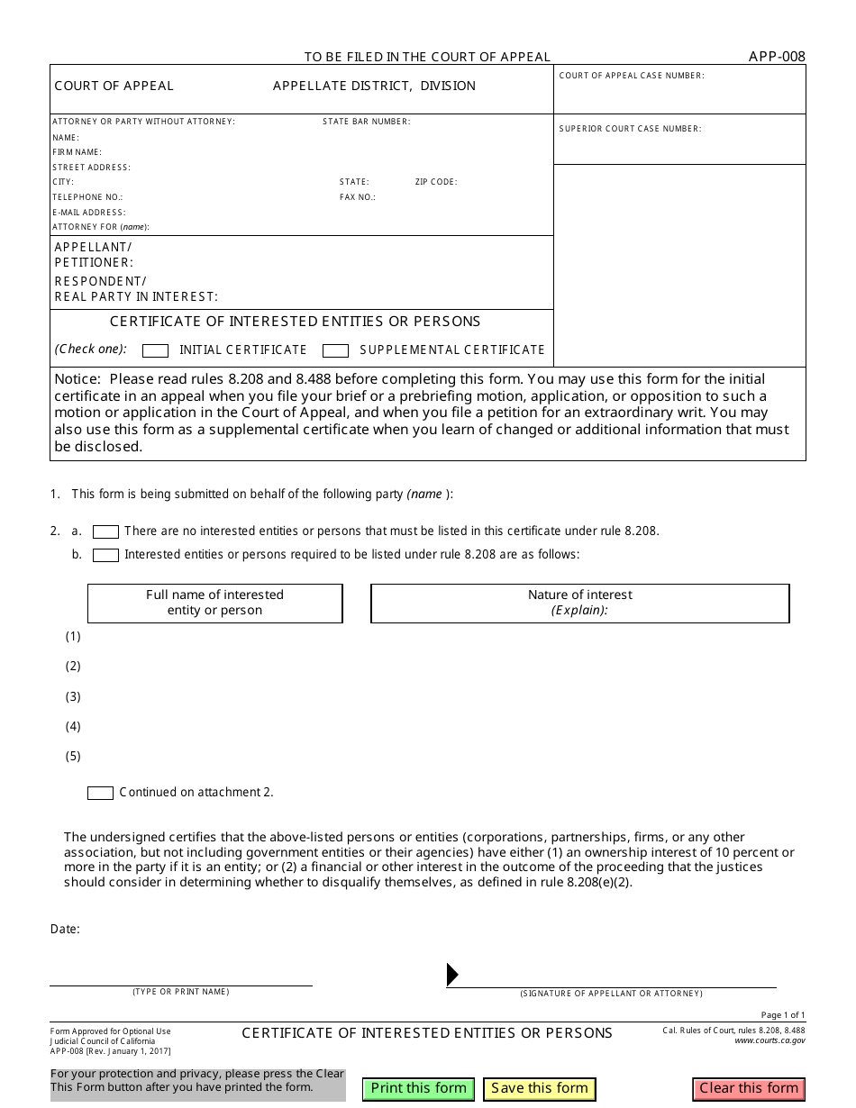 Form APP-008 Certificate of Interested Entities or Persons - California, Page 1