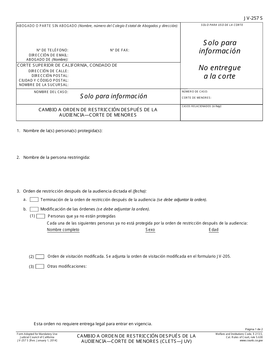 Formulario JV-257 S Cambio a Orden De Restriccion Despues De La Audiencia - Corte De Menores - California (Spanish), Page 1
