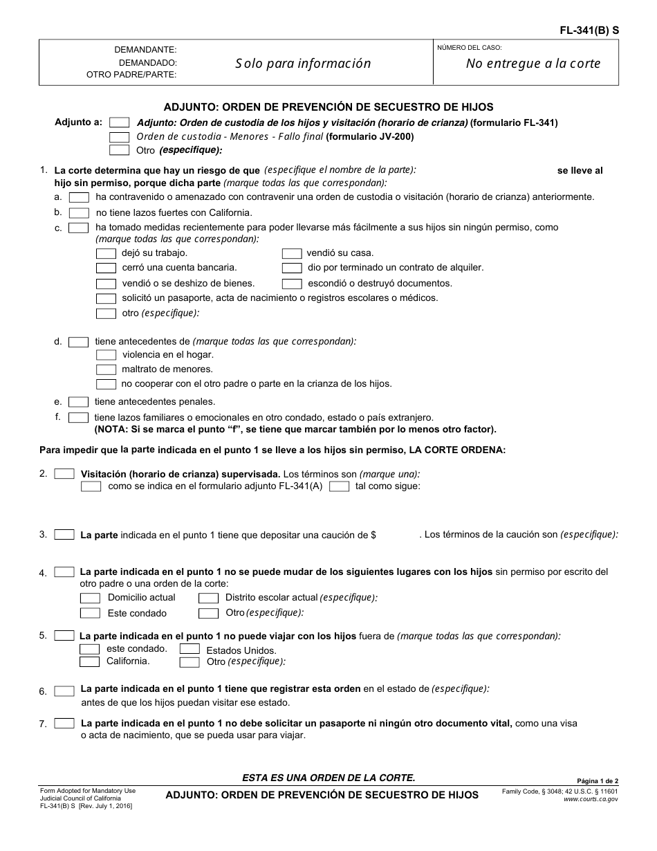 Formulario FL-341(B) S Adjunto - Orden De Prevencion De Secuestro De Hijos - California (Spanish), Page 1
