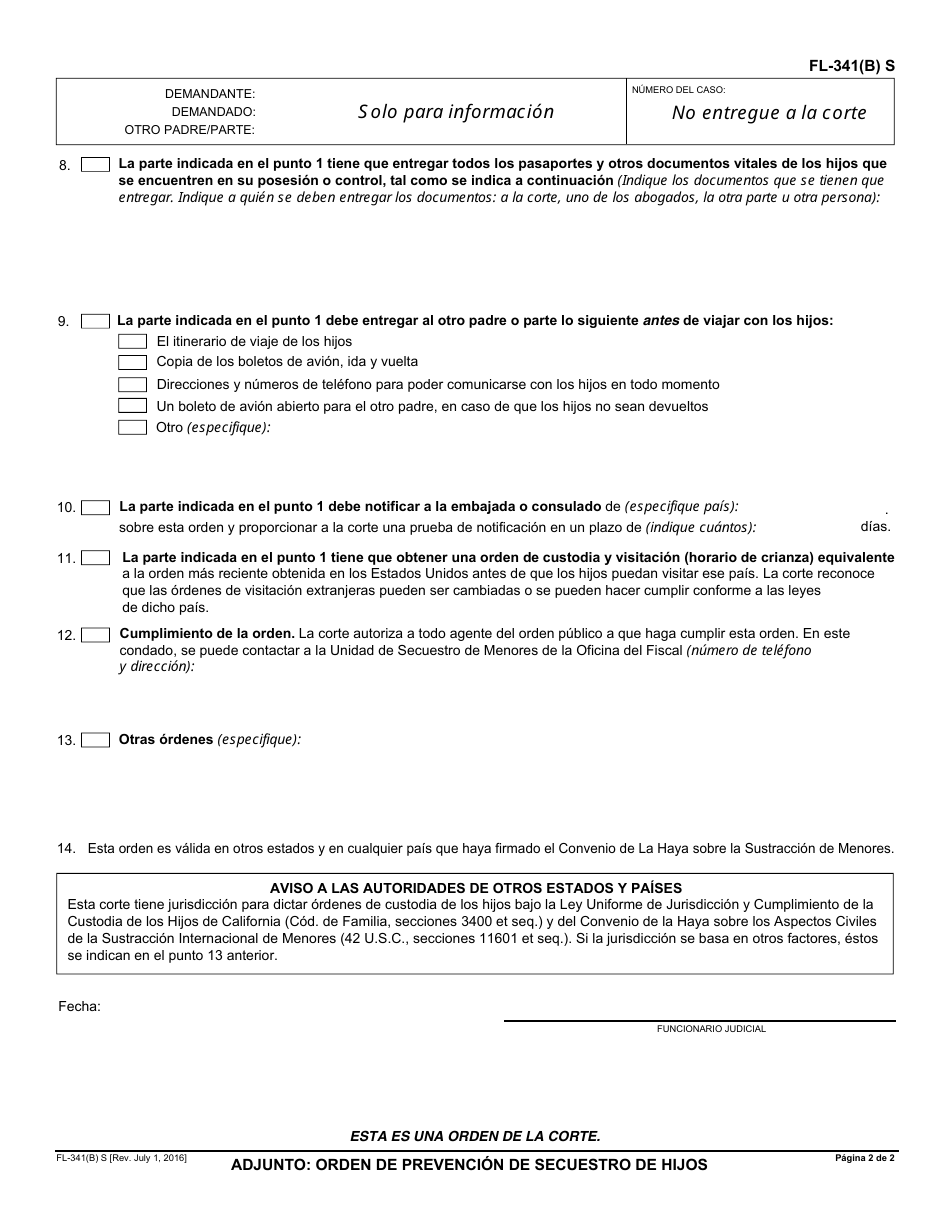 Formulario FL-341(B) S Adjunto - Orden De Prevencion De Secuestro De Hijos - California (Spanish), Page 2