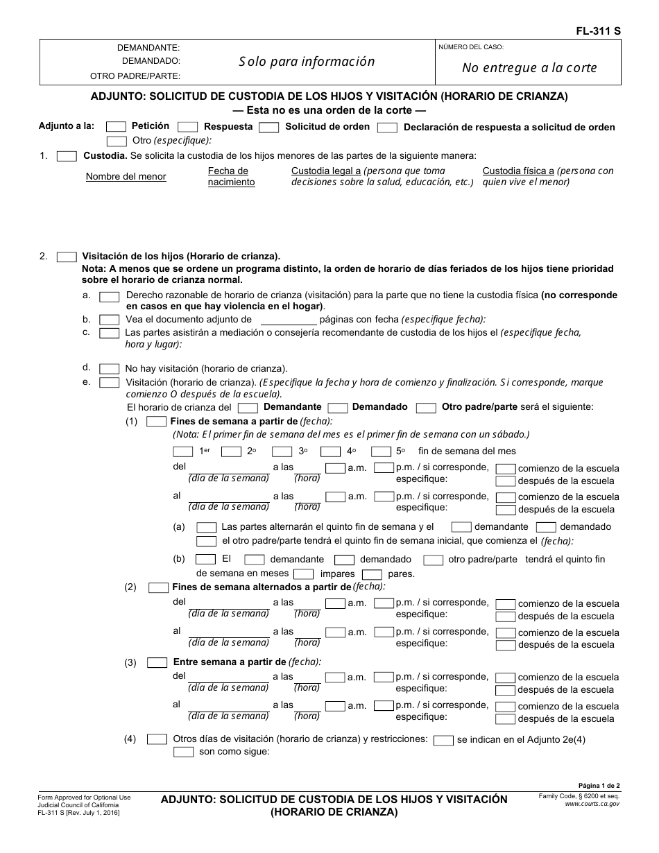 Formulario FL-311 S Solicitud De Custodia De Los Hijos Y Visitacion (Horario De Crianza) - California (Spanish), Page 1