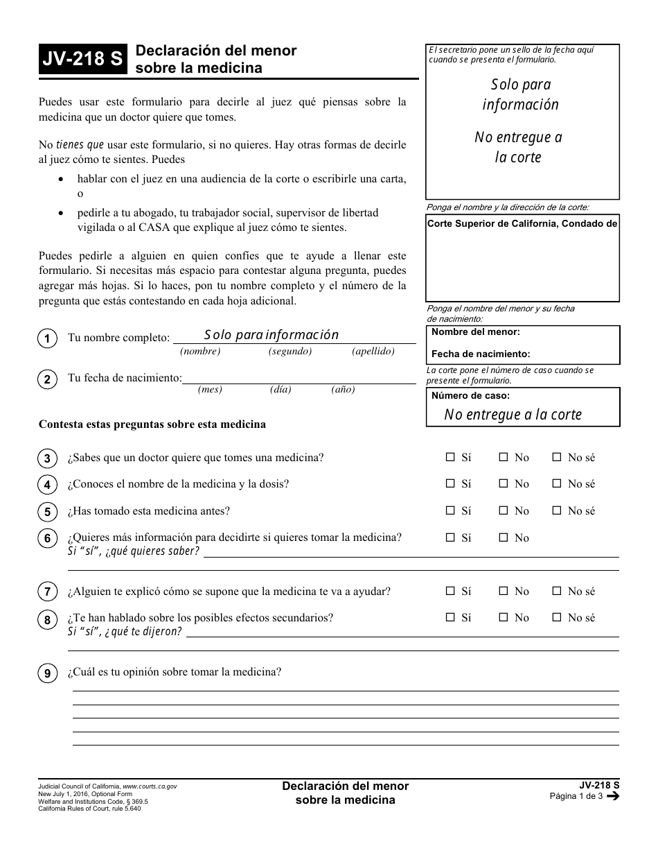 Formulario JV-218 S Declaracion Del Menor Sobre La Medicina - California (Spanish), Page 1
