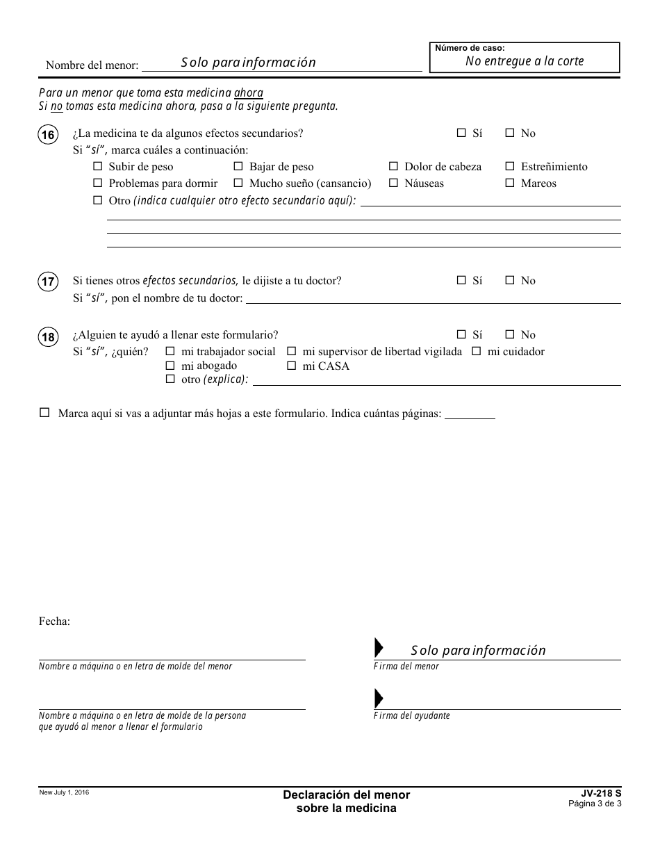 Formulario JV-218 S Declaracion Del Menor Sobre La Medicina - California (Spanish), Page 3