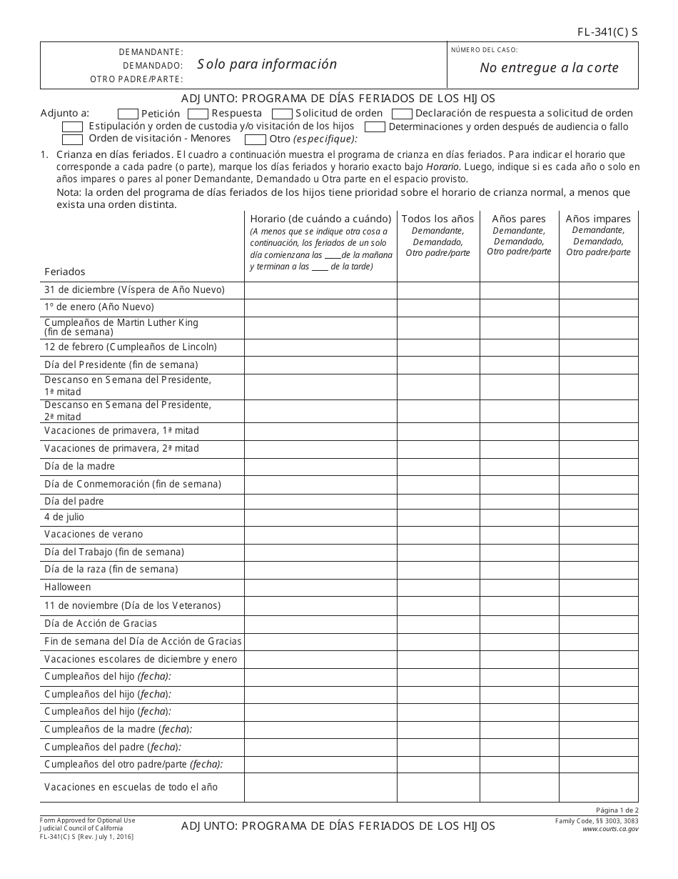 Formulario FL-341(C) S Programa De Dias Feriados De Los Hijos - California (Spanish), Page 1