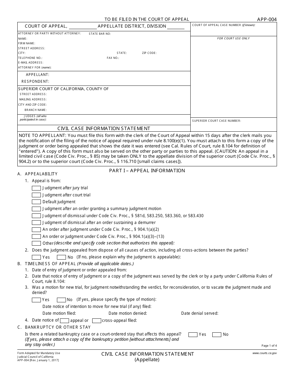 Form APP-004 Civil Case Information Statement (Appellate) - California, Page 1