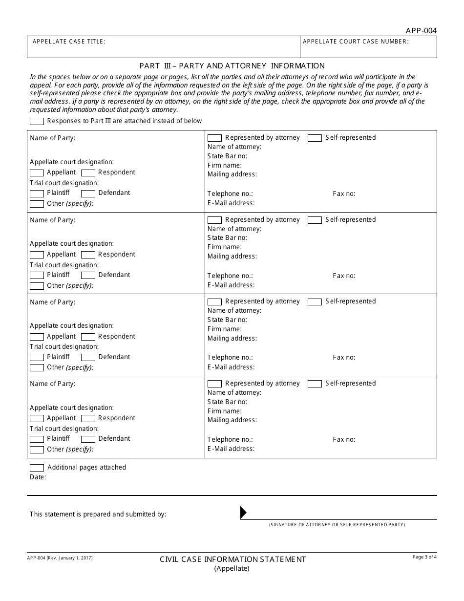 Form APP-004 Civil Case Information Statement (Appellate) - California, Page 3