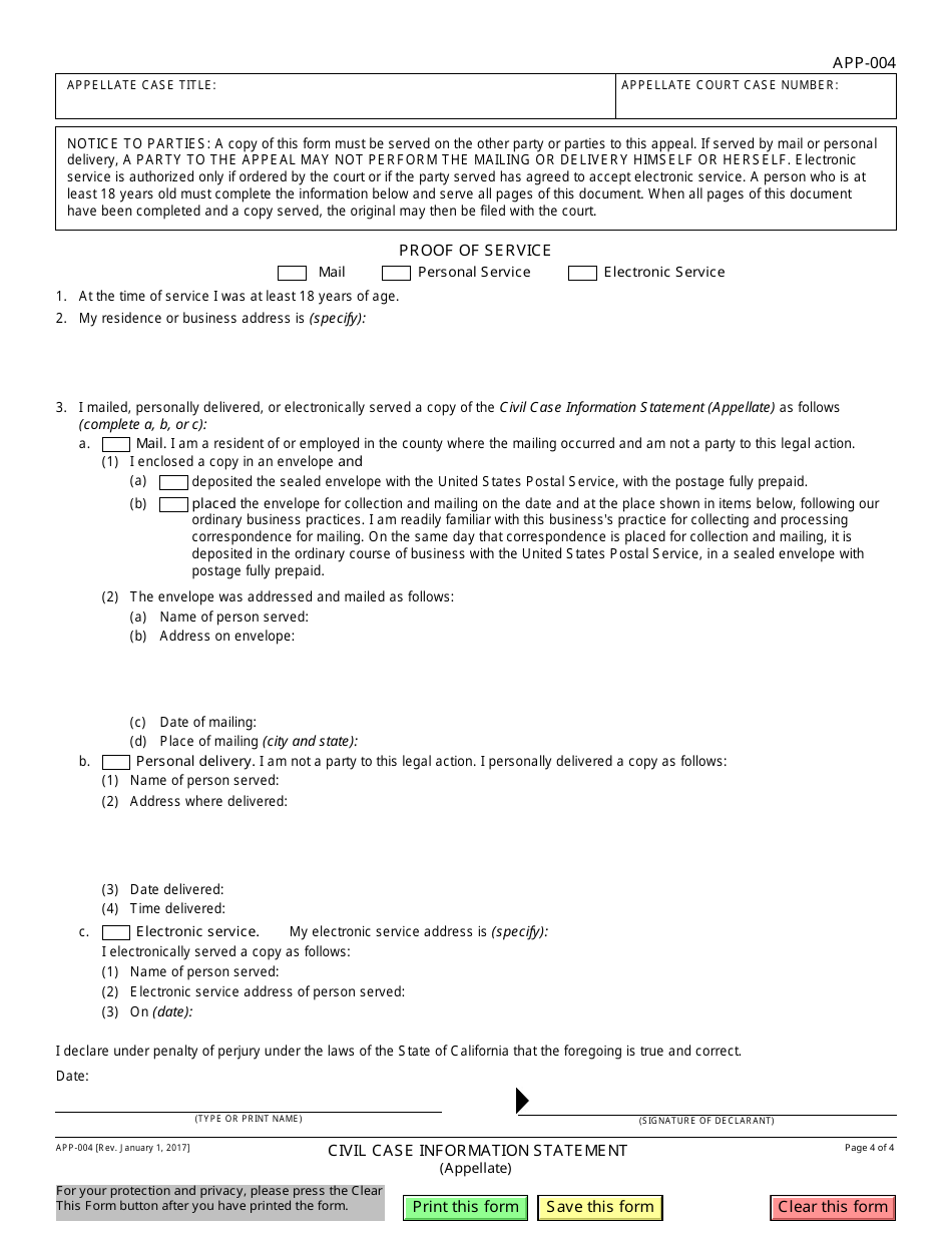 Form APP-004 Civil Case Information Statement (Appellate) - California, Page 4