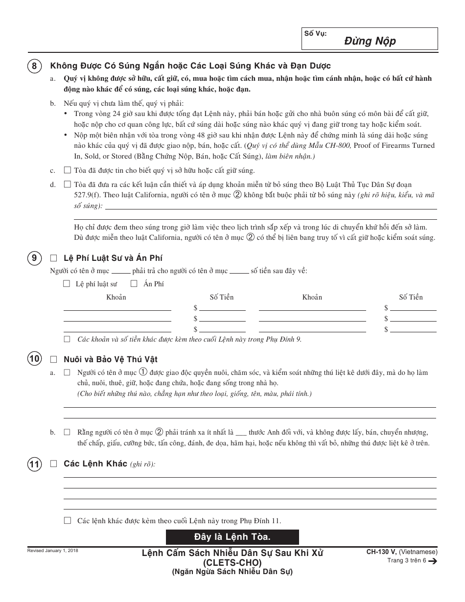 Form CH-130 V Civil Harassment Restraining Order After Hearing - California (Vietnamese), Page 3
