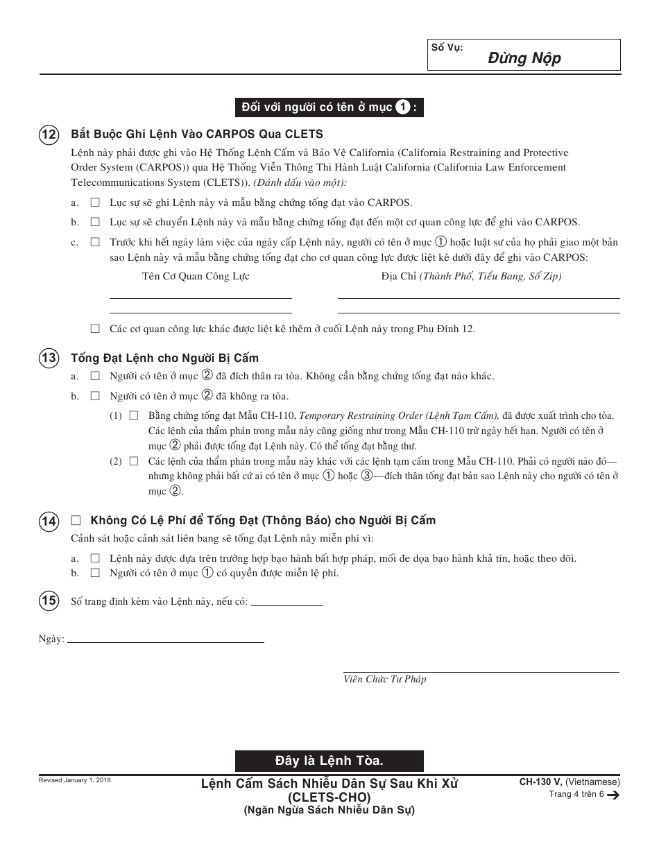 Form CH-130 V Civil Harassment Restraining Order After Hearing - California (Vietnamese), Page 4