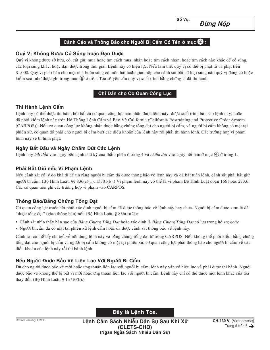 Form CH-130 V Civil Harassment Restraining Order After Hearing - California (Vietnamese), Page 5