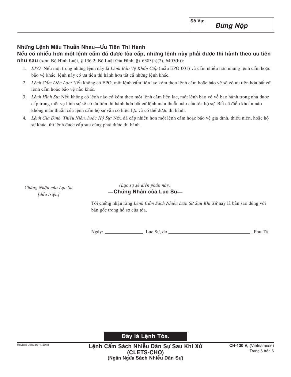 Form CH-130 V Civil Harassment Restraining Order After Hearing - California (Vietnamese), Page 6