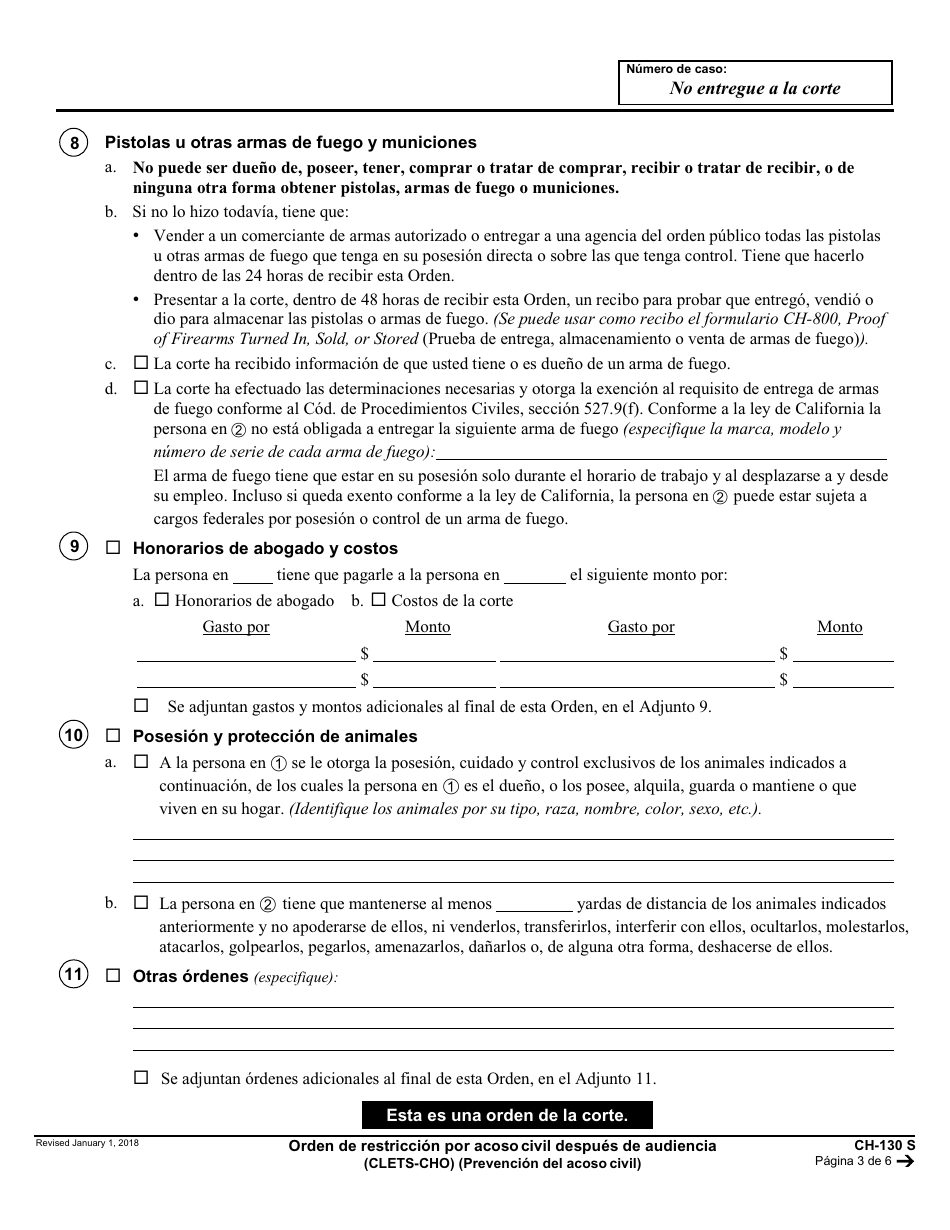 Formulario CH-130 S Orden De Restriccion Por Acoso Civil Despues De Audiencia - California (Spanish), Page 3
