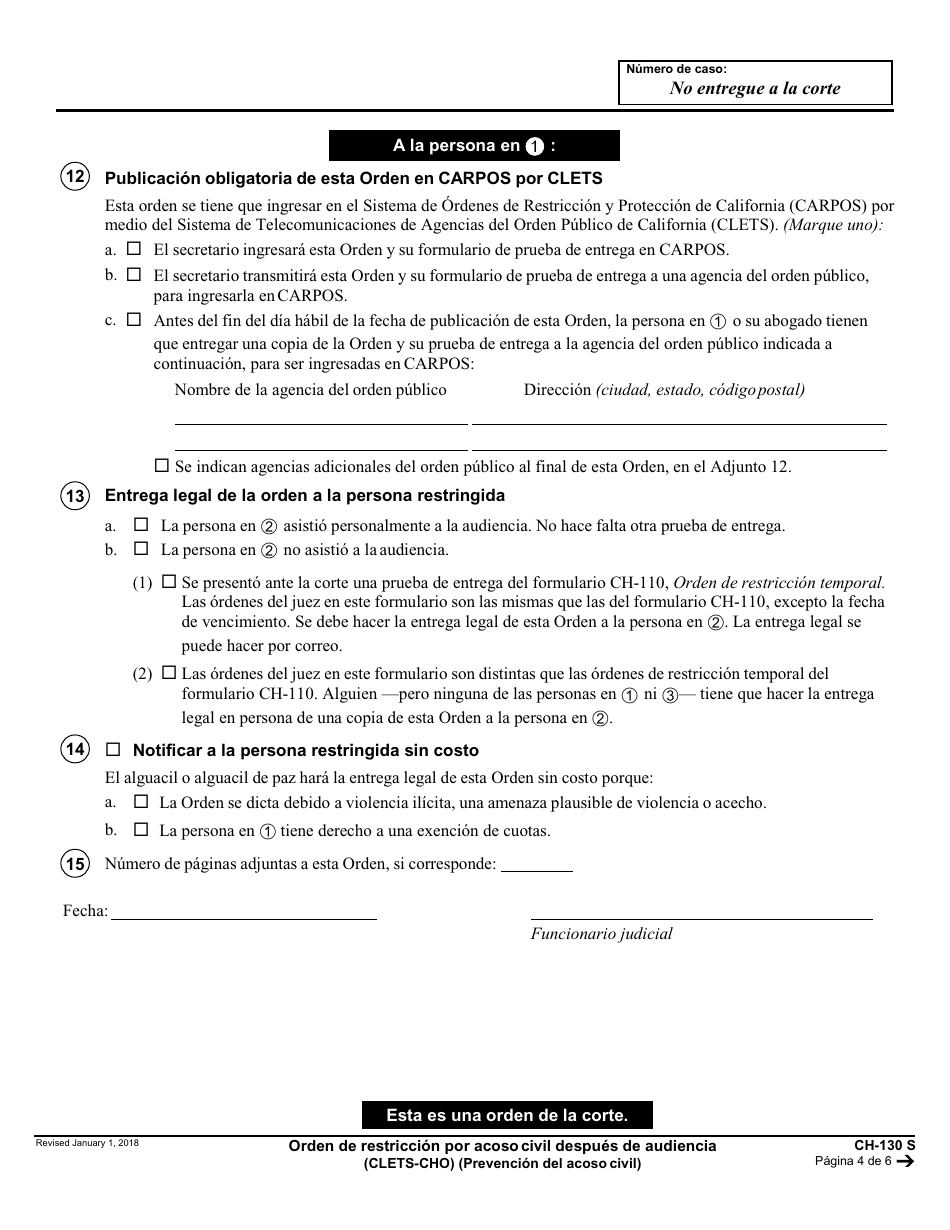 Formulario CH-130 S Orden De Restriccion Por Acoso Civil Despues De Audiencia - California (Spanish), Page 4