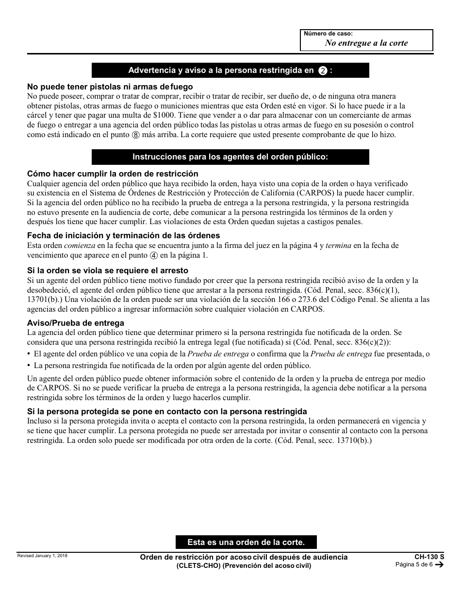 Formulario CH-130 S Orden De Restriccion Por Acoso Civil Despues De Audiencia - California (Spanish), Page 5