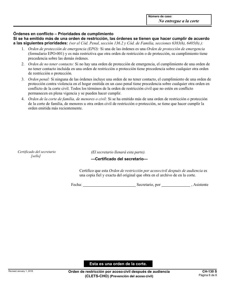 Formulario CH-130 S Orden De Restriccion Por Acoso Civil Despues De Audiencia - California (Spanish), Page 6